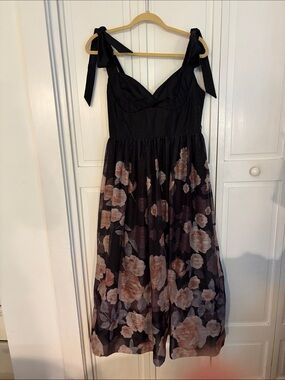 Black Floral Tie-Shoulder Midi/long Dress